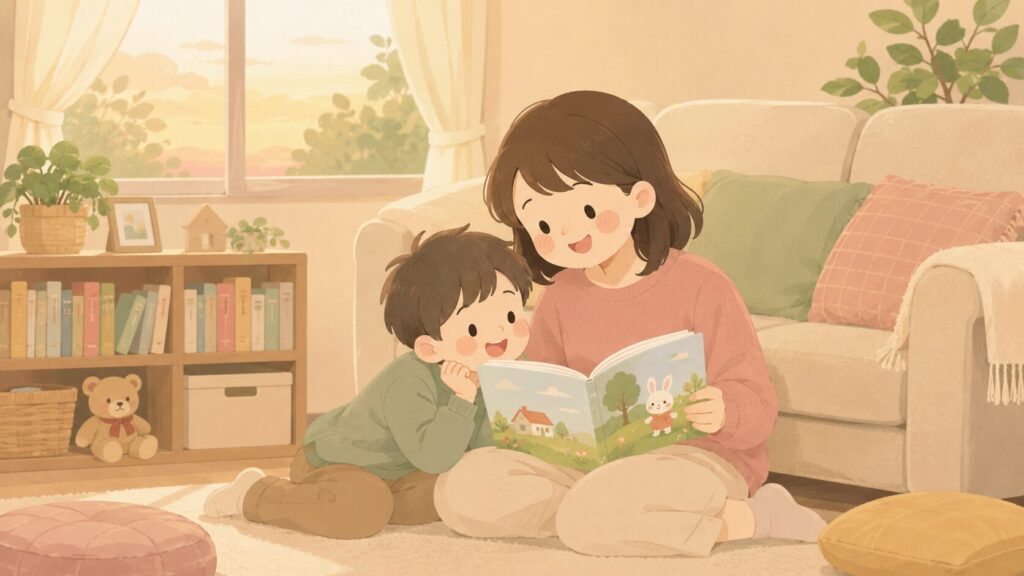 リビングで母親に絵本を読んでもらい、身を乗り出して笑う男の子