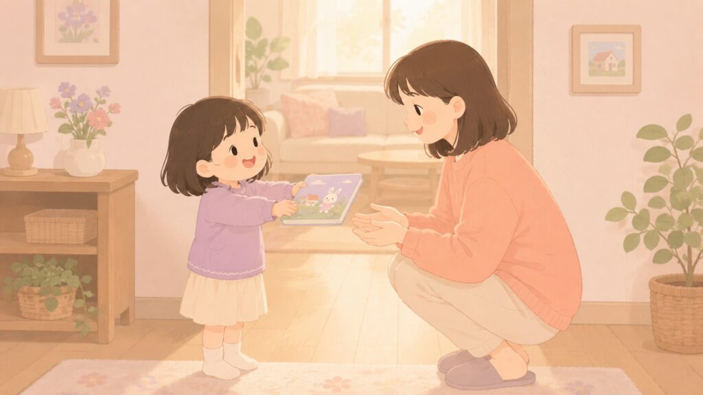 「読んで」と絵本を差し出す女の子と、しゃがんで受け取ろうとする母親