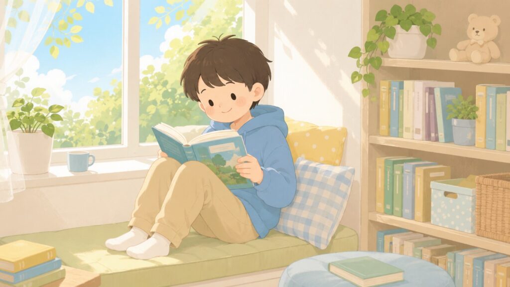 窓辺のクッションに座り、ひとりで本を読んでいる小学生の男の子