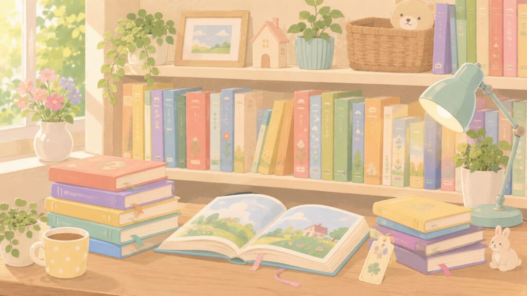 本棚の前の机に、開いた絵本と積み重ねた本が並んでいる様子