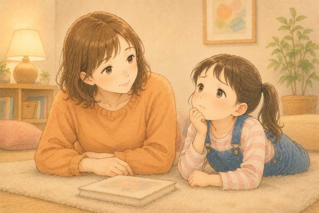 読み終わった絵本を前に、考えこんでいる子ども