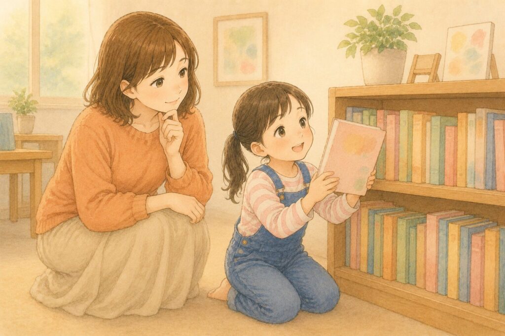本棚の前で親子が一緒に絵本を選んでいる