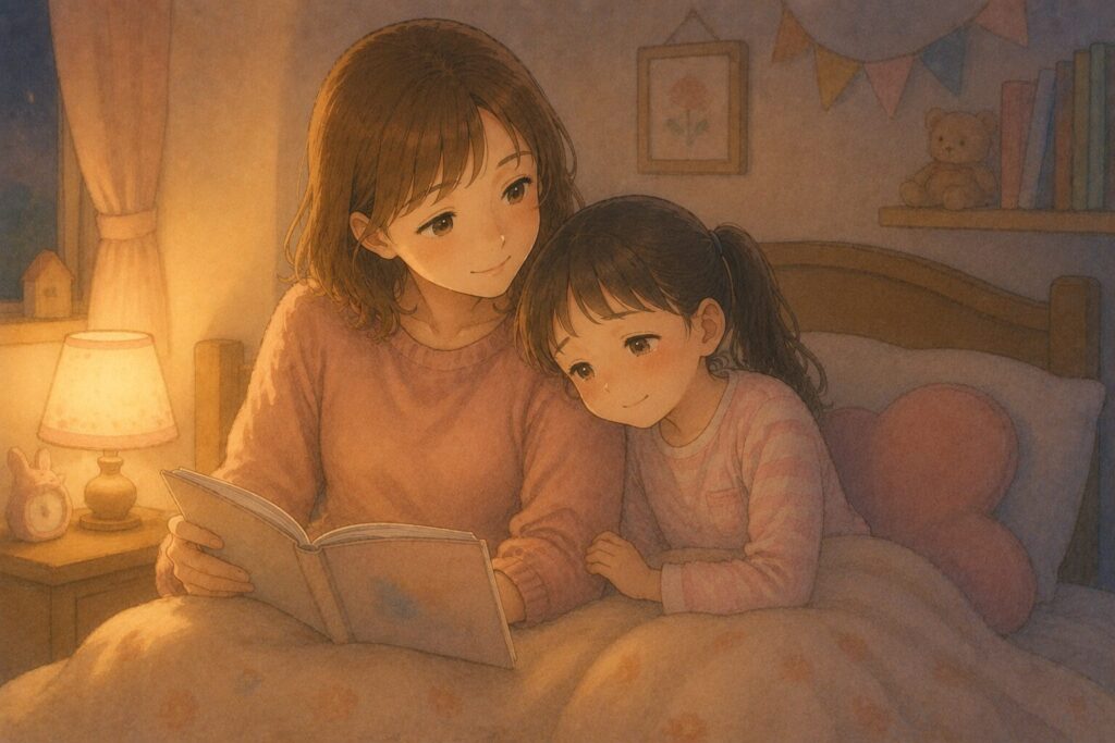 叱ってしまった日の夜、並んで絵本を読む親子