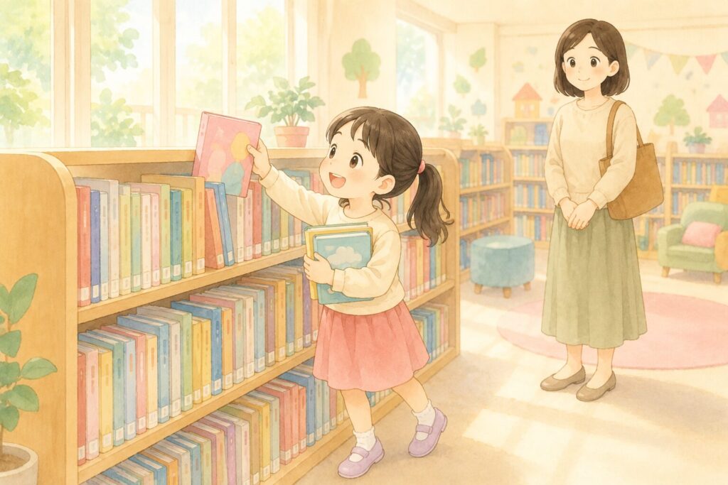 図書館で自分で本を選ぶ小学生の女の子