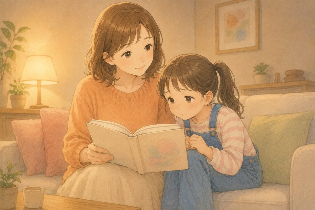 絵本の悲しい場面で、主人公と一緒に泣きそうになっている子ども
