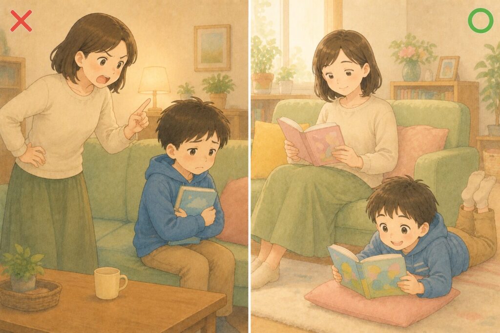 読みなさいと言われて本を閉じる子どもと、そっと見守る親の対比