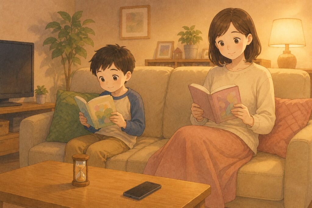 親子でそれぞれ本を読む10分間の読書タイム