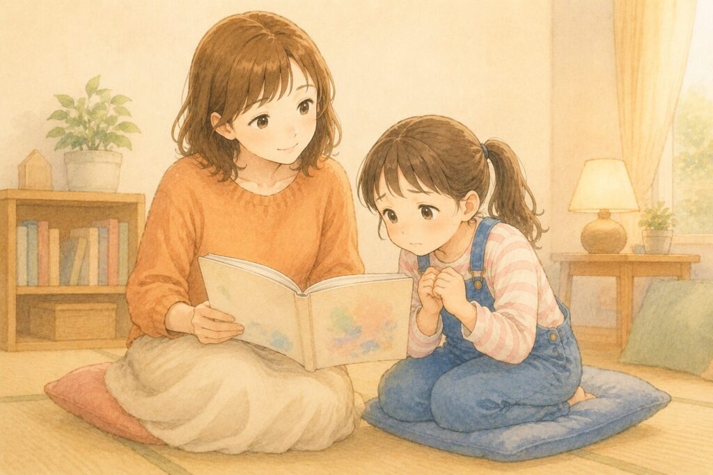 絵本を読んでもらいながら、主人公に気持ちを重ねている子ども