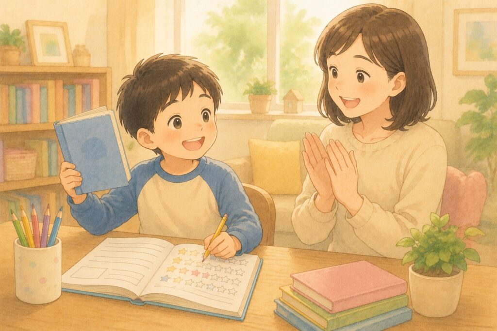 1冊読み終えて読書ノートに記録する小学生