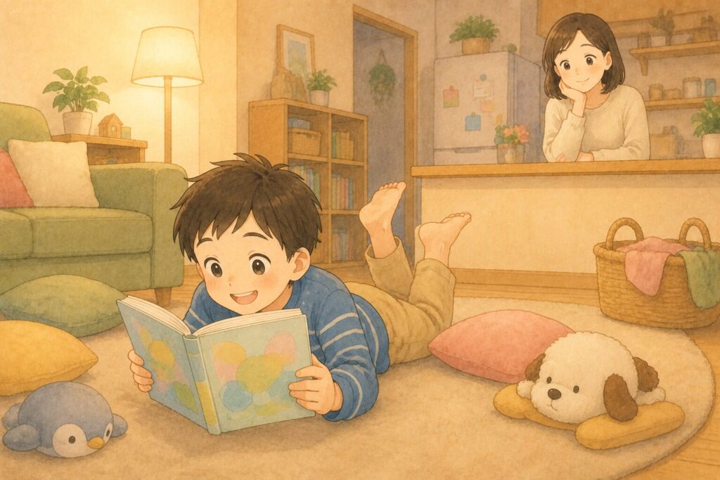 寝転んで本を読む子どもと口を出さずに見守る親