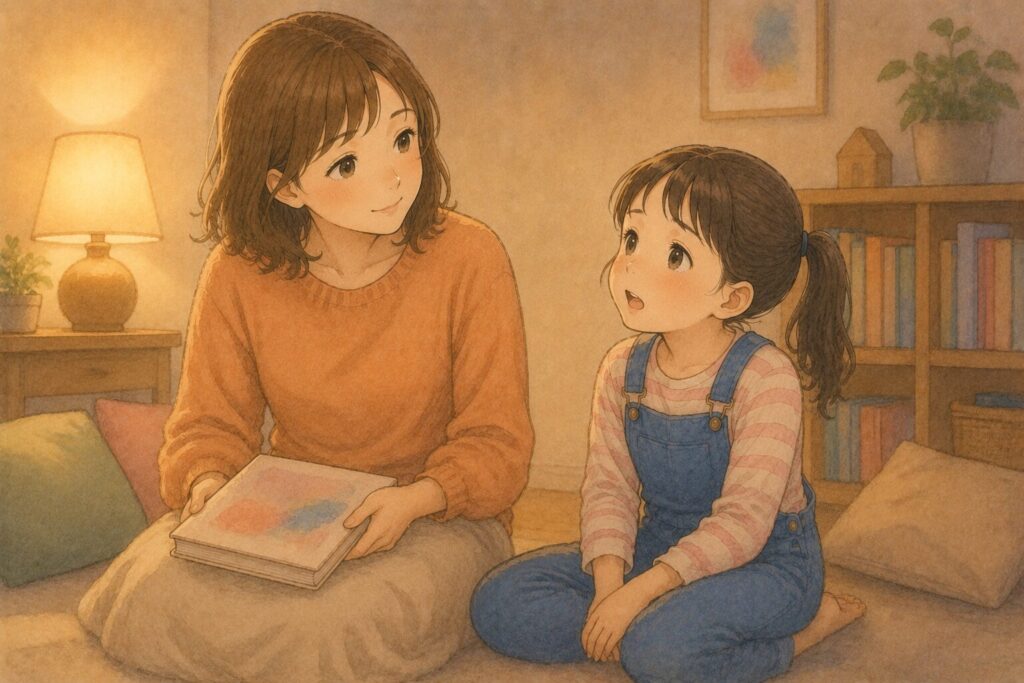 読み終わった絵本を閉じて、子どもの言葉を黙って待つ親