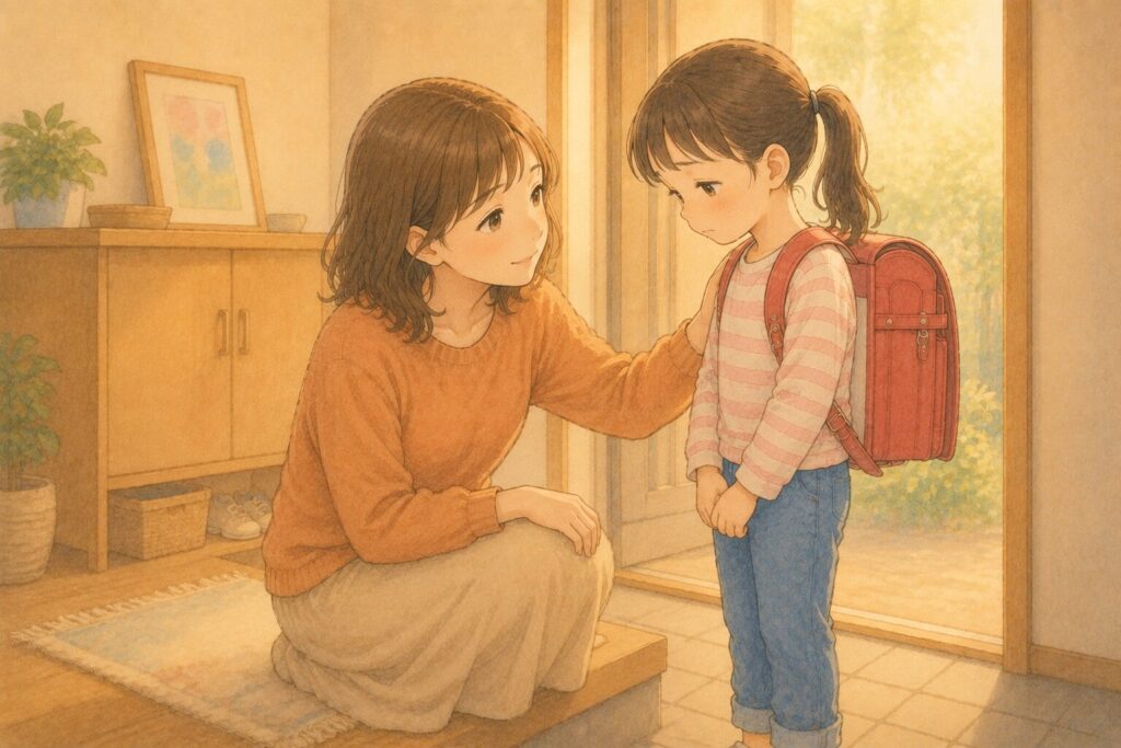 けんかして帰ってきた子どもと、目線を合わせて話を聞く親