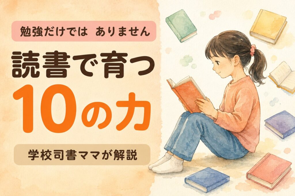 読書で育つ10の力｜本を読む小学生の女の子と、まわりに浮かぶ本