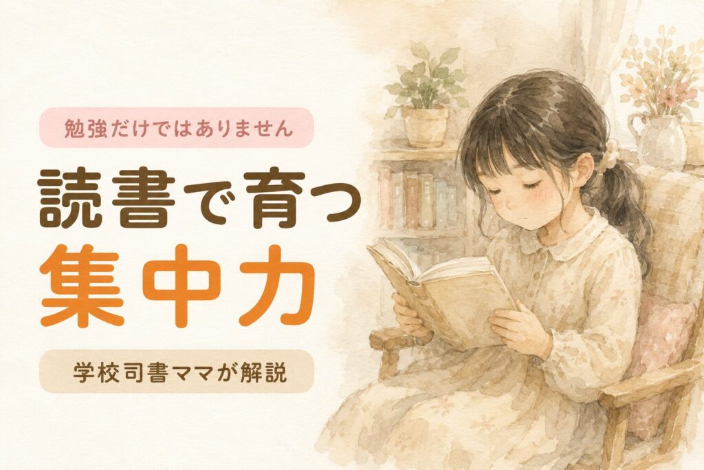 読書で育つ集中力。本に入りこんで読む小学生の女の子の水彩イラスト