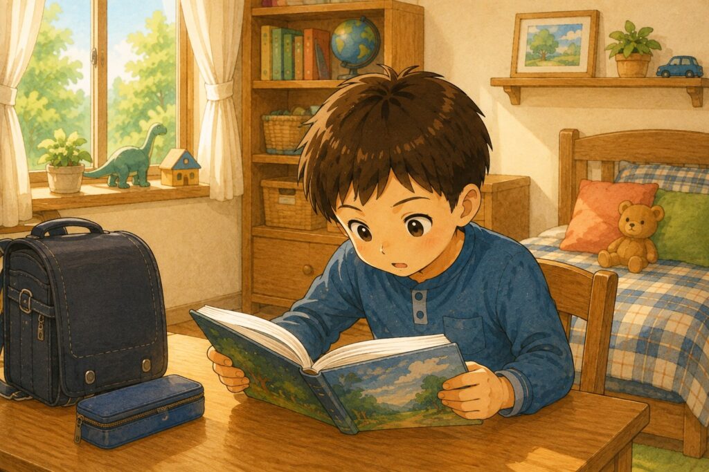 学習机で本を読んでいる小学生の男の子