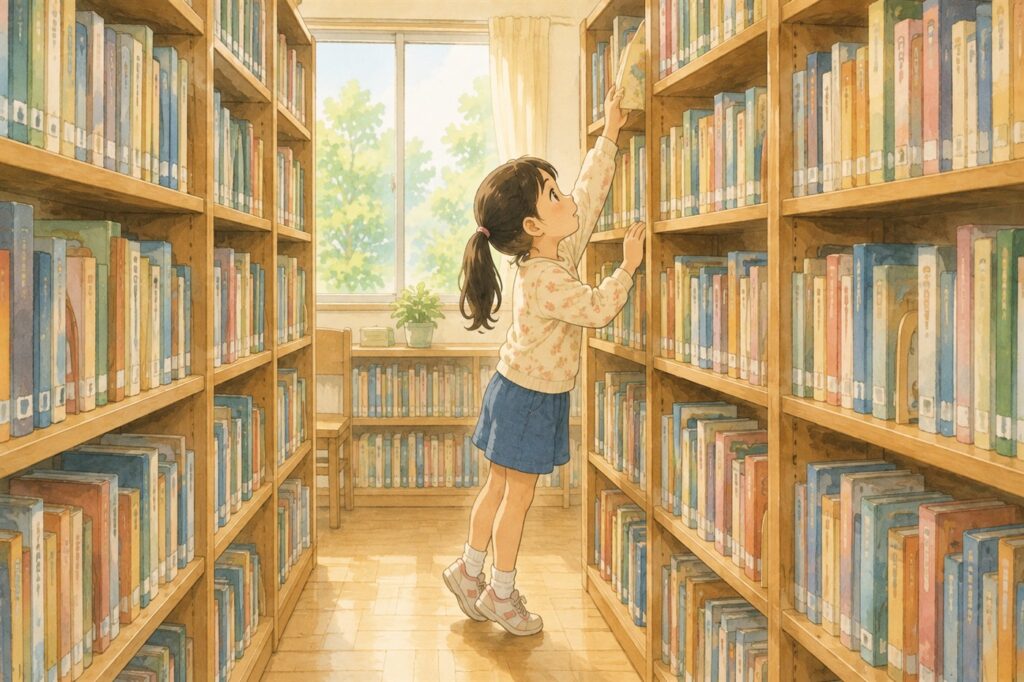 図書室で背伸びをして棚から本を取ろうとしている女の子
