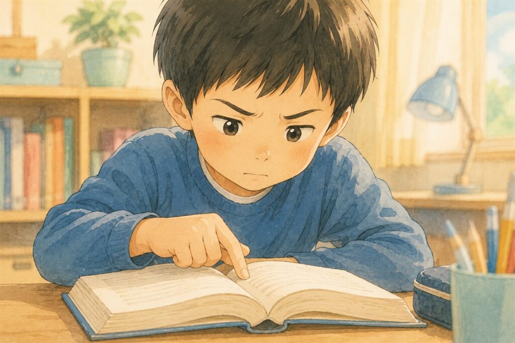 本の一行を指でたどりながら考えている小学生の男の子
