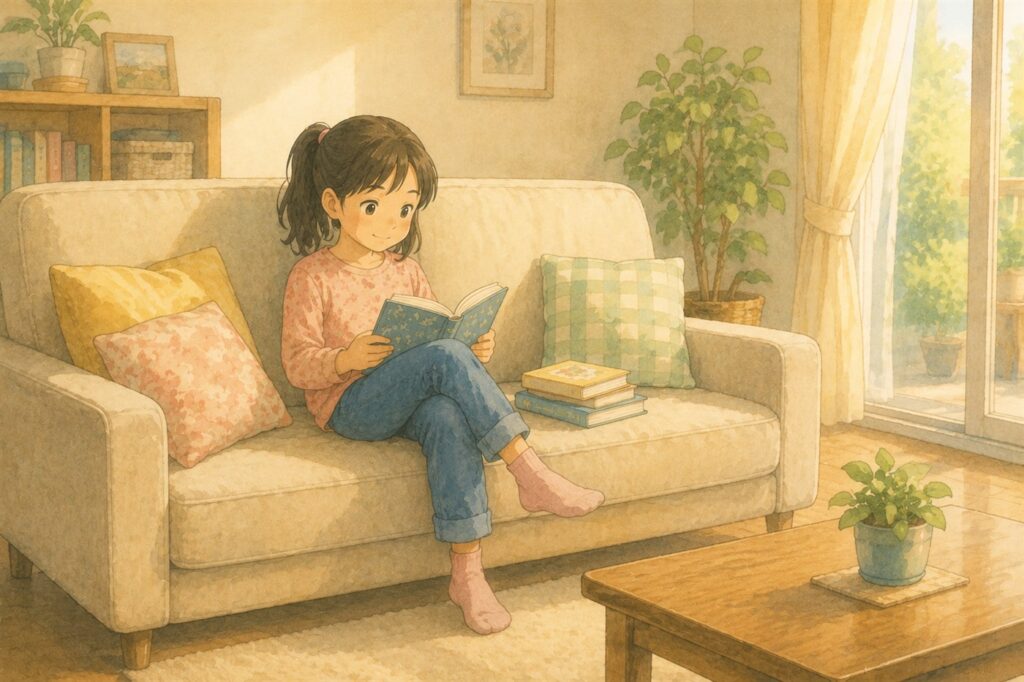 ソファでくつろぎながら本を読む女の子と積まれた本