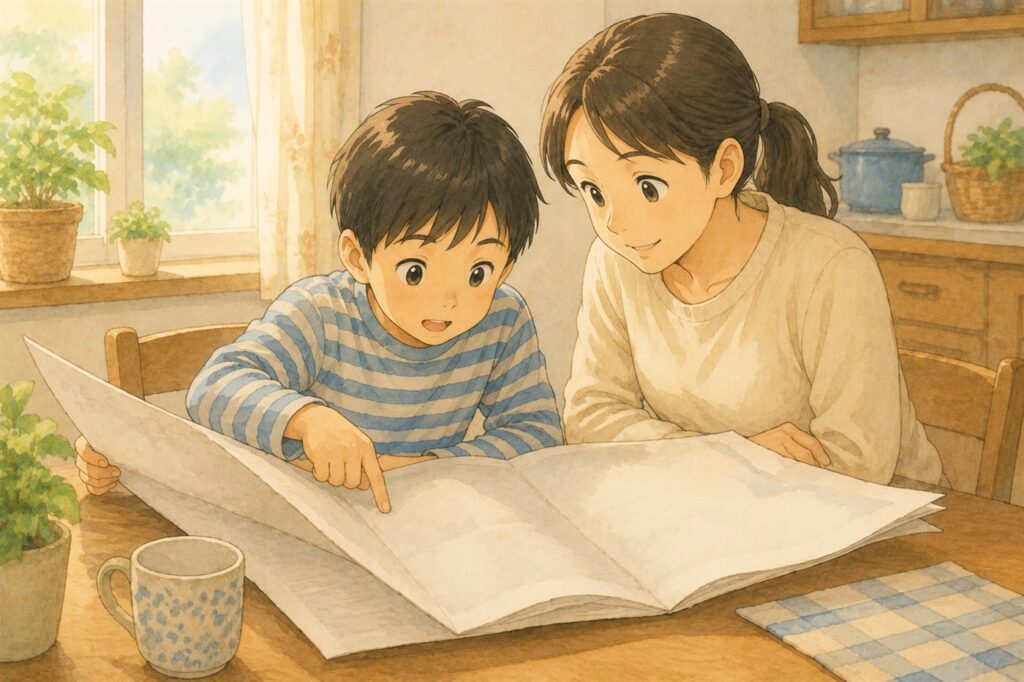 新聞を広げて指さしている小学生と横からのぞきこむ母親