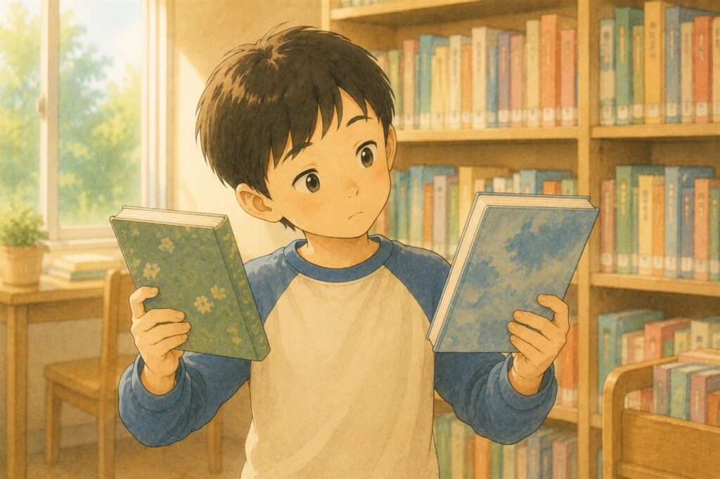 図書室で2冊の本を見くらべている小学生の男の子