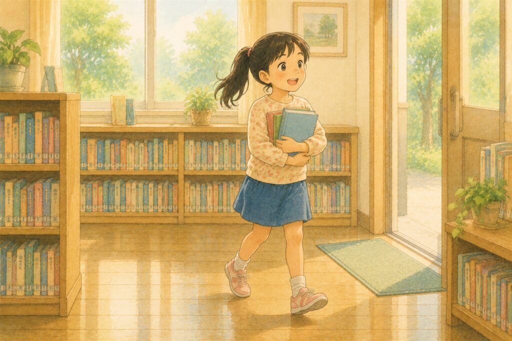 本を数冊抱えて笑顔で歩いている小学生の女の子