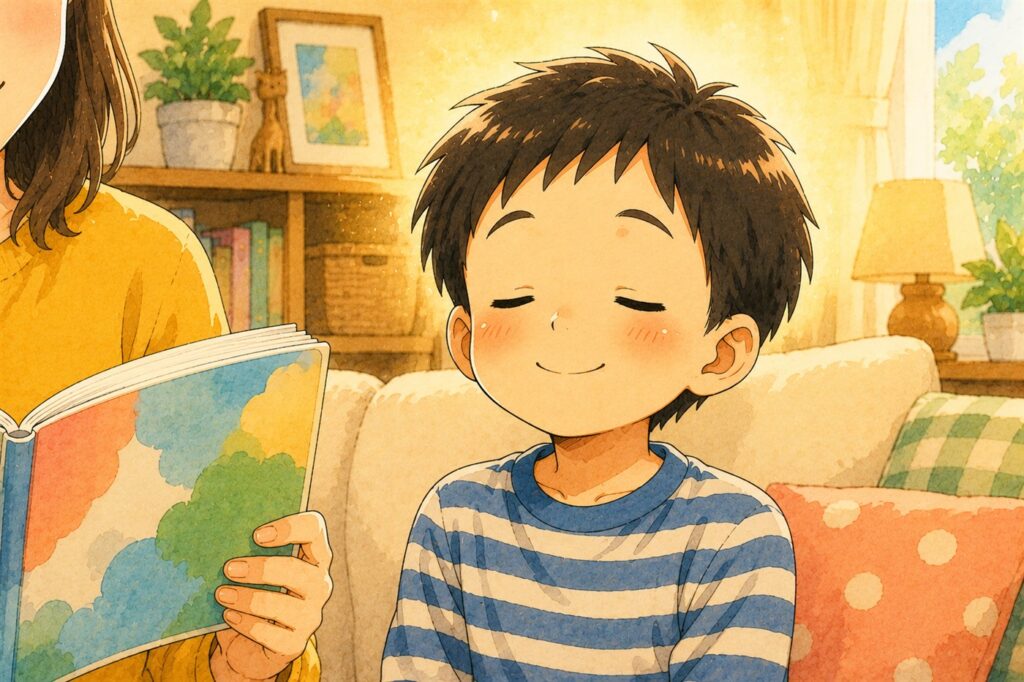 目をとじて、母親の読む声に耳をすませている男の子