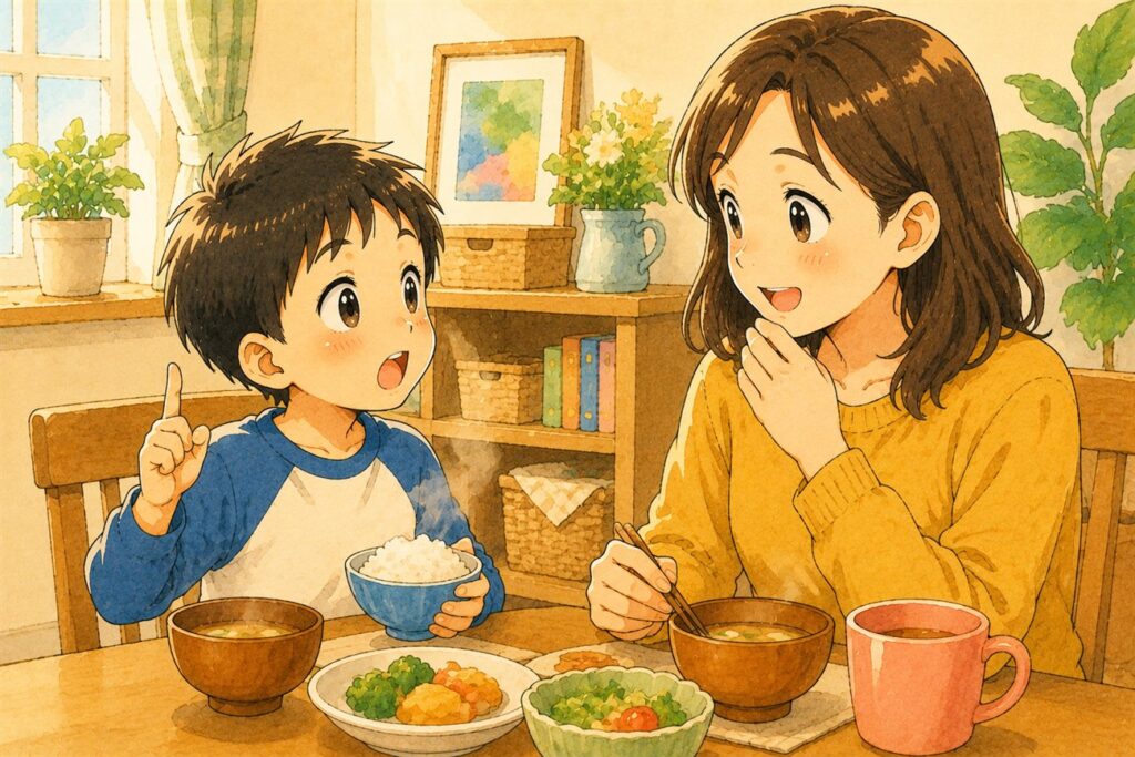 食卓で、本で覚えた言葉を使おうとして母親を見る子どもと、驚いている母親