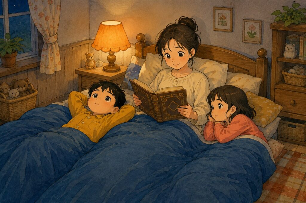 布団の上で、昔話がたくさん入った厚い本を読んでもらっている子ども二人