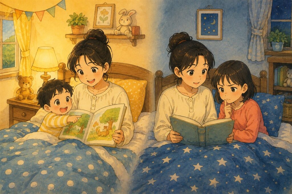 絵本の絵を指さして笑う低学年の子と、難しい言葉に眉を寄せる中学年の子