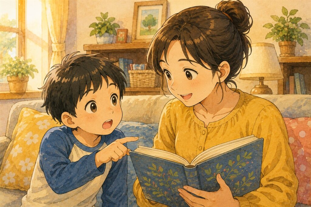 読み聞かせの途中で本を指さし、言葉の意味を母親にたずねている男の子