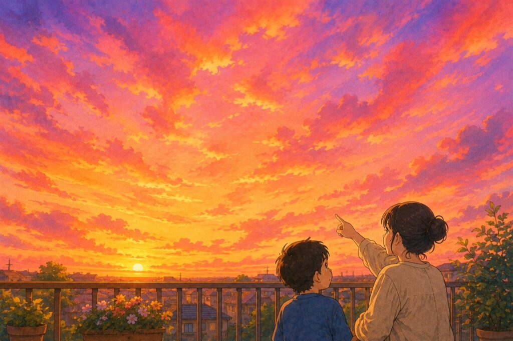 夕焼けの空を指さして子どもに話しかけている母親と、空を見上げる子ども