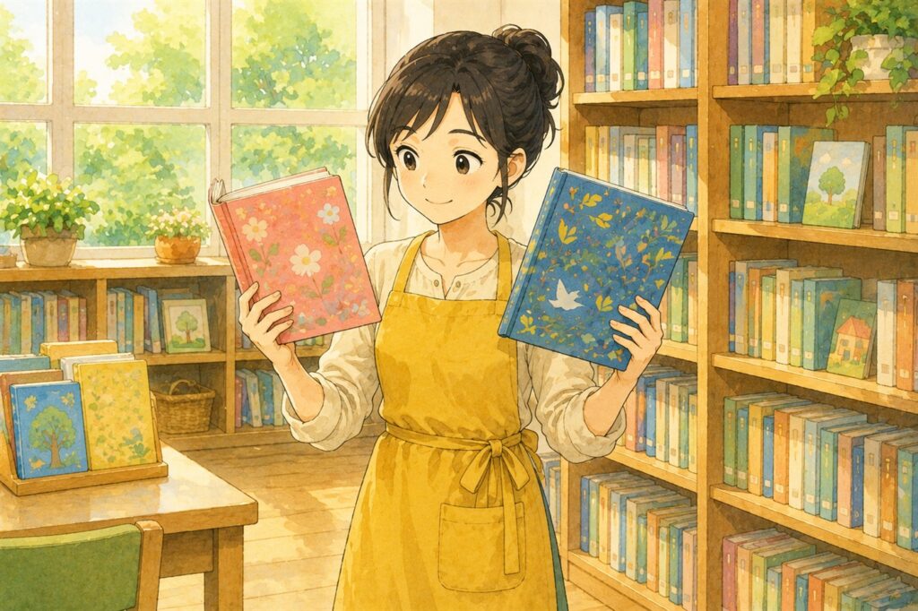 図書室で絵本を二冊持ち、どちらを読むか見くらべている学校司書