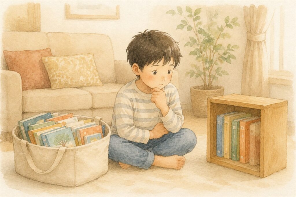 図書館の本が入ったかごと、数冊だけ並んだ本棚のあいだにすわる男の子