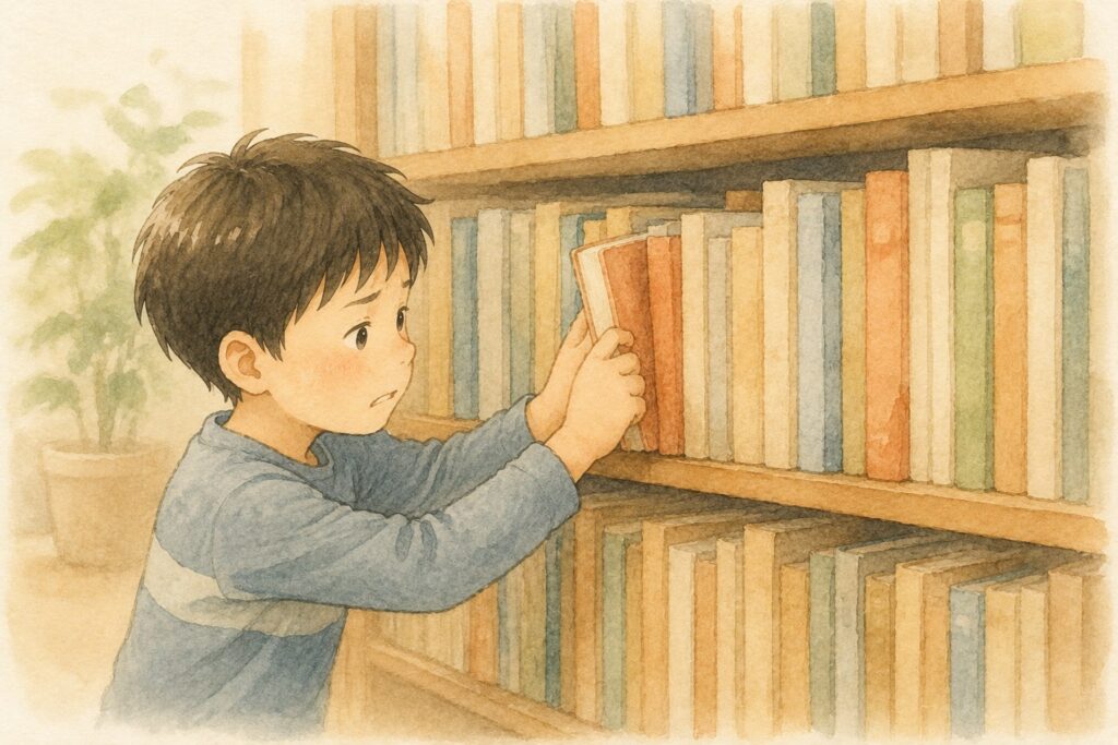 ぎゅうぎゅうに詰まった本棚から、本を引き抜こうとしている男の子