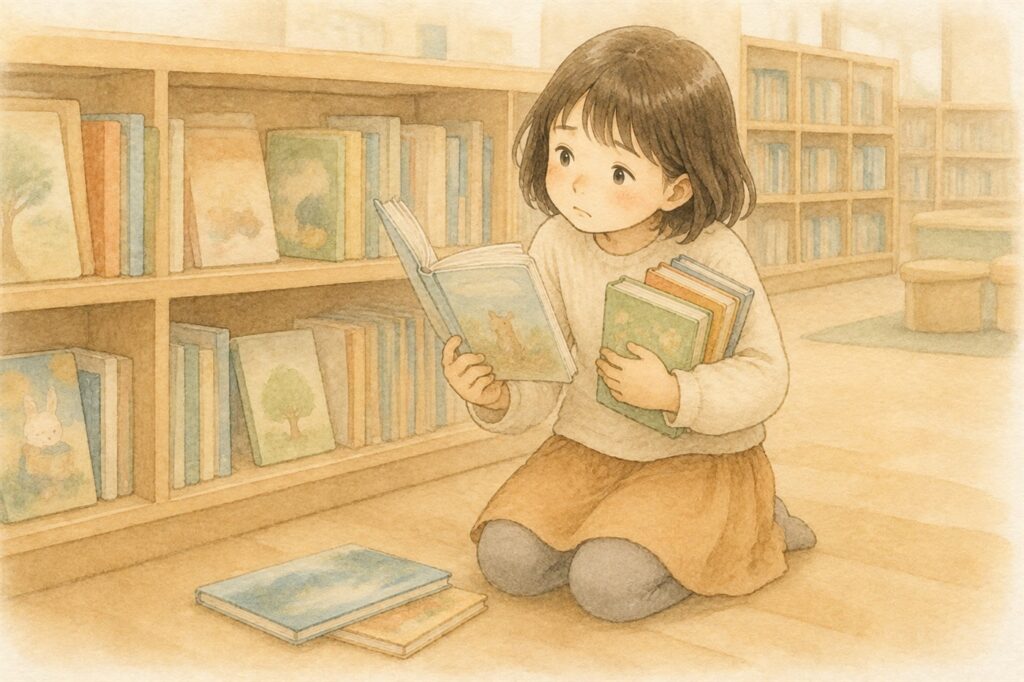 図書館の書棚の前で、本を開いて首をかしげている女の子