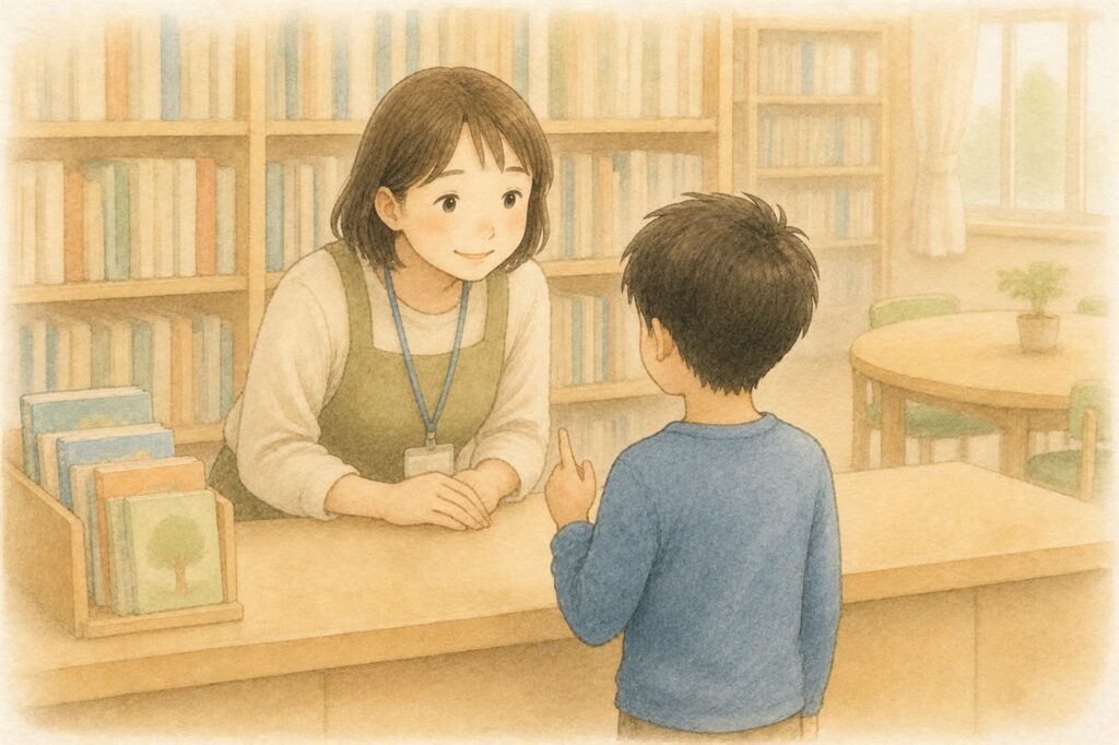 小学校の図書室のカウンターで、司書に本のことをたずねている男の子