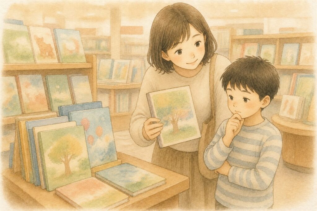 書店で母親が差し出した本の表紙を、じっと見て考えている男の子