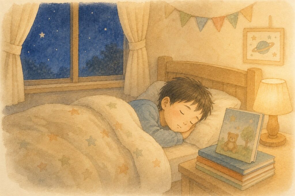 夜の子ども部屋。ベッドのそばの台に絵本が置かれている
