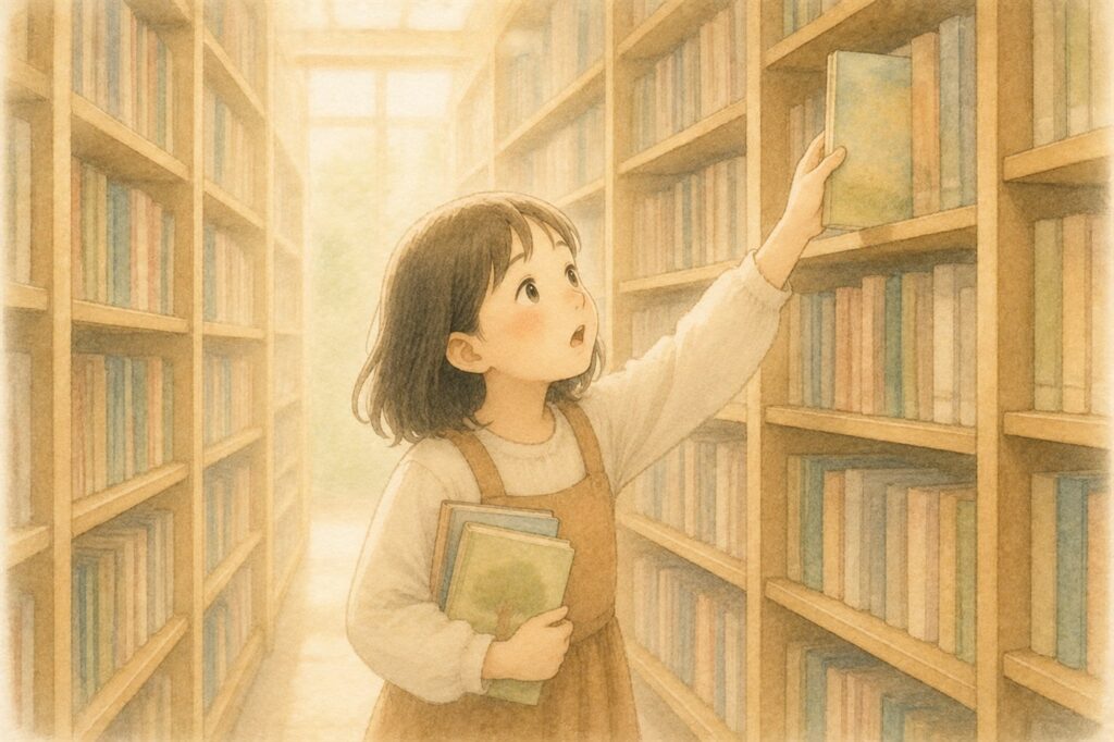 図書館の書棚の通路で、思いがけない本を見つけて見上げている女の子