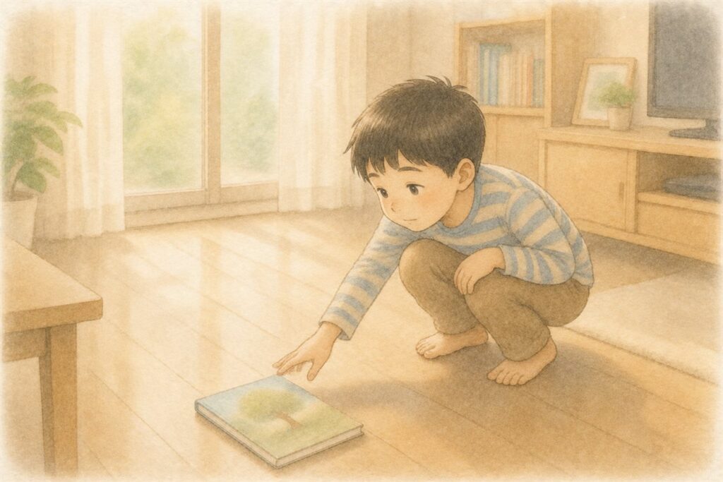 床に置かれたままだった本に、そっと手をのばしている男の子