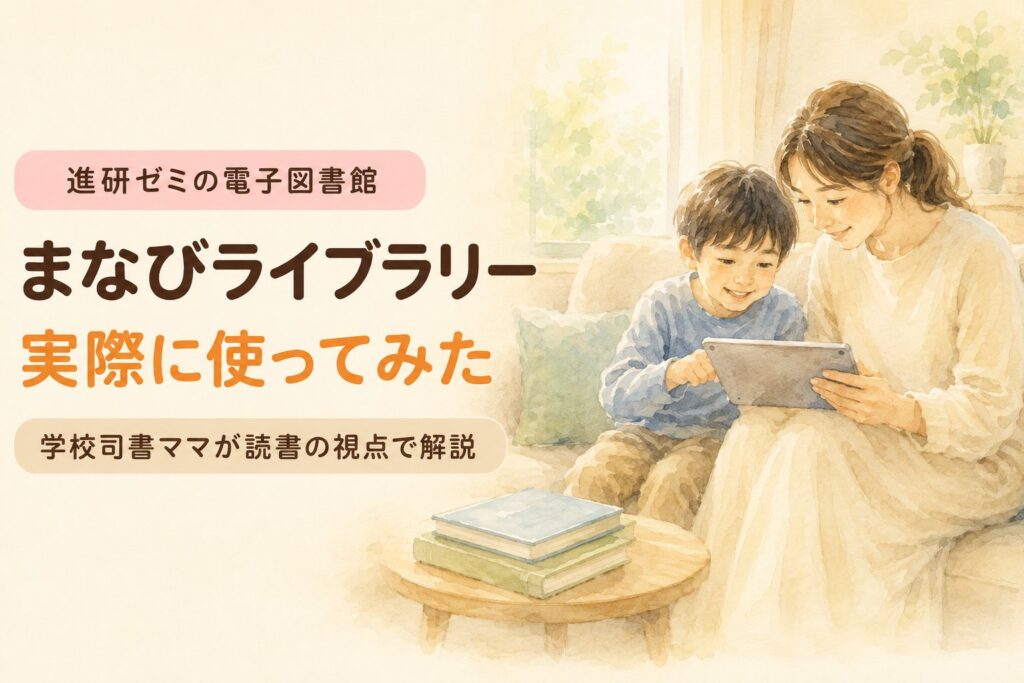 まなびライブラリーの記事のアイキャッチ。リビングのソファで母親と小学生の子どもがタブレットをのぞきこむ水彩イラストに「進研ゼミの電子図書館 まなびライブラリー 実際に使ってみた 学校司書ママが読書の視点で解説」の文字