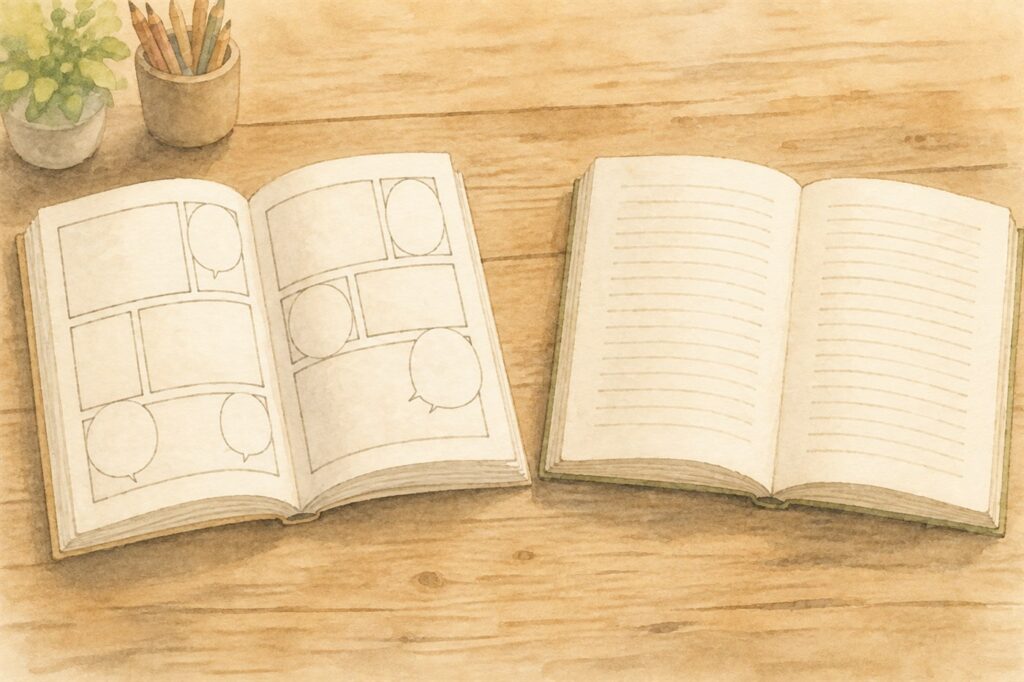 テーブルの上に並べて開かれた、コマと吹き出しのある漫画と、行だけの文字の本