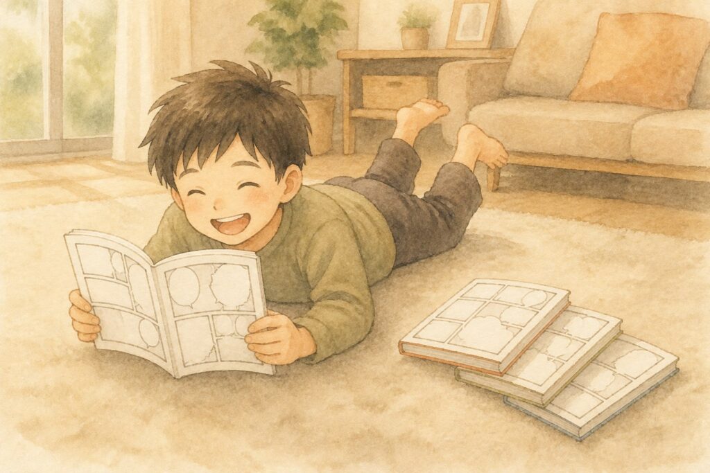 リビングの床にうつぶせになり、声を出して笑いながら漫画を読んでいる男の子