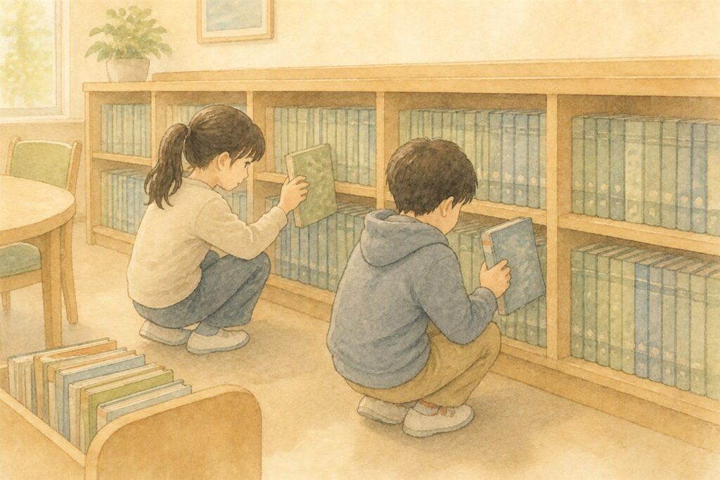 小学校の図書室で、背表紙のそろったシリーズの棚から本を引き抜く二人の子ども