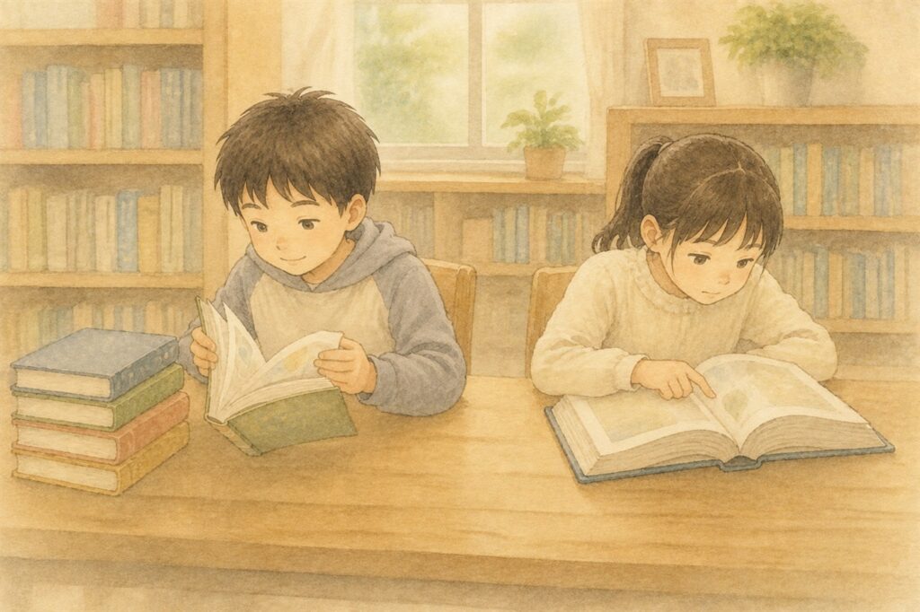 図書室の同じ机で、読み終えた本を積み上げた子と、厚い本を指でなぞって読む子