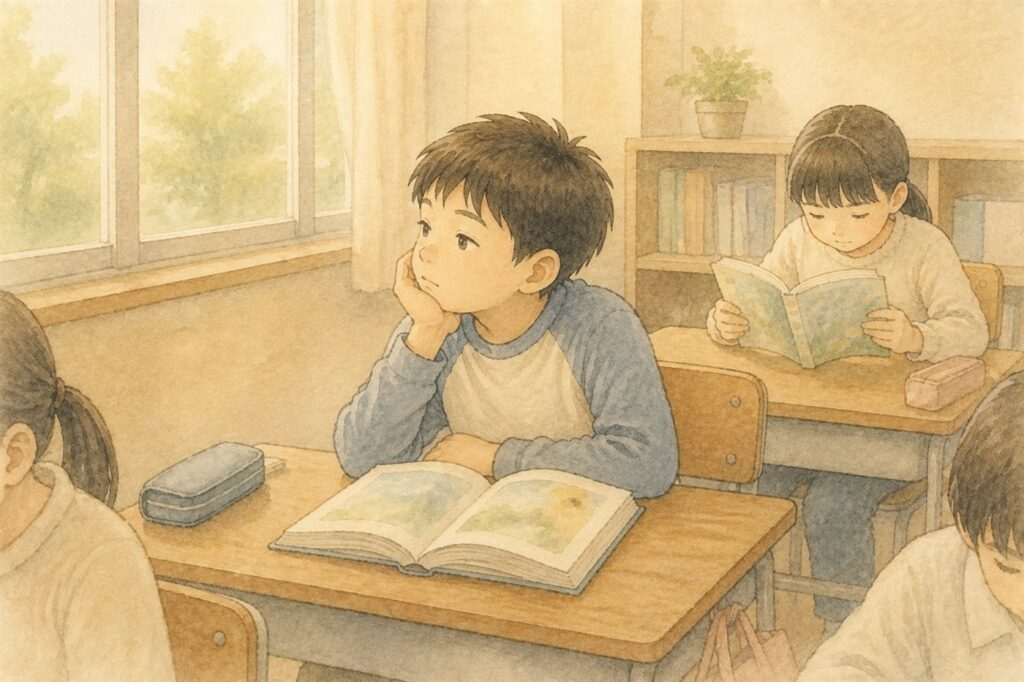 朝の読書の時間に、本を開いたまま窓の外を見てほおづえをついている男の子