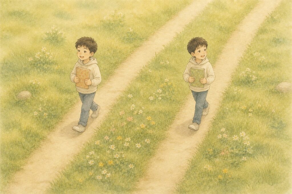 野原にのびる交わらない二本の道を、漫画をかかえた子と文字の本をかかえた子が歩いている
