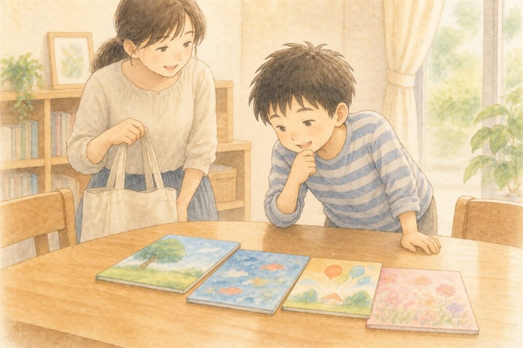 テーブルに並べた薄い本四冊を、のぞきこんで選んでいる男の子と母親
