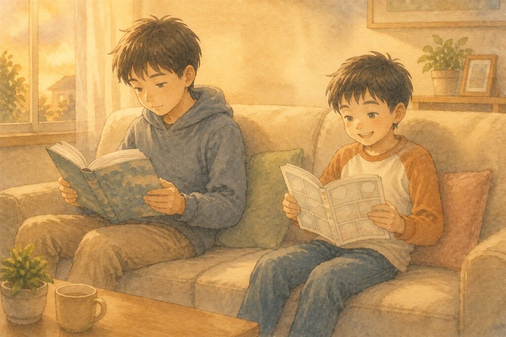 夕方のソファで、兄は厚い本を、弟は漫画を、それぞれ静かに読んでいる兄弟