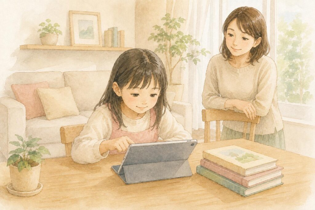 リビングのテーブルで学習用タブレットに向かう小学生と、となりに積まれた紙の本